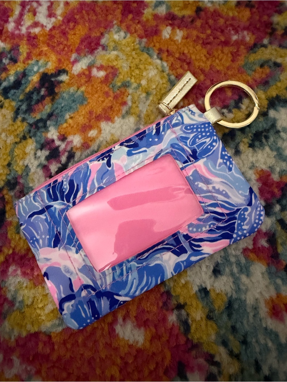 Lilly Pulitzer Pink, Blue & White Floral Key Pouch with Gold Ring